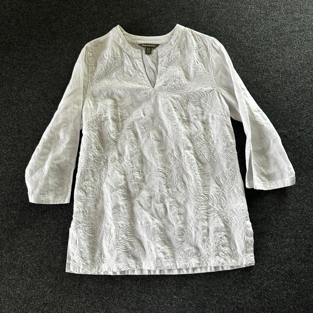 Tommy Bahama Womens White 100% Linen Embroidered Floral Tunic Top Size S/P